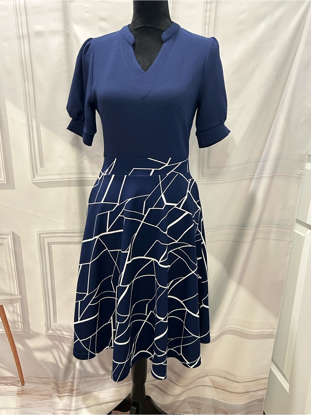 Navy Printed Fit-and-Flare Dress - Elegant Women's Dress Small